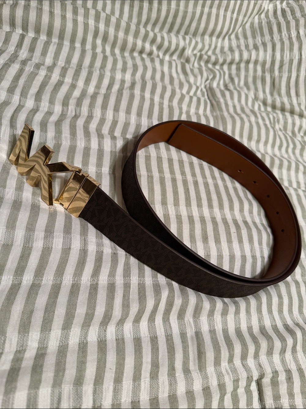 Michael Kors Men’s Dark Brown Reversible Logo Belt with Gold MK Buckle